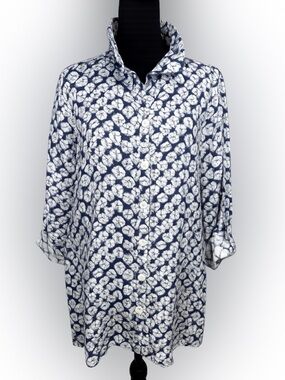 John Mark 100% Linen Blue White Shibori Print Button Front Roll Tab Shirt Medium
